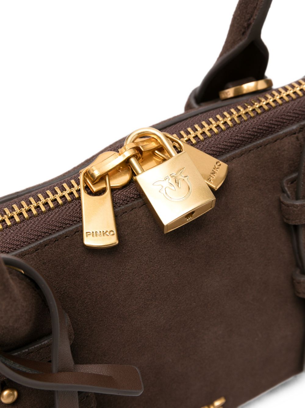 PINKO Borsa Bowling Horizontal in suede marrone con charm dorati 