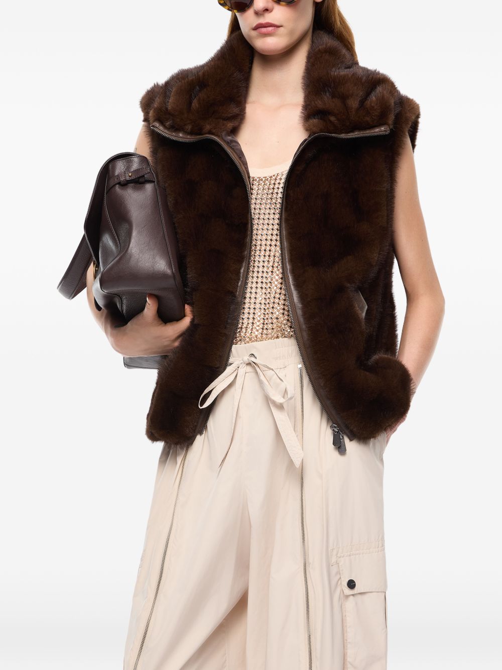 PINKO Gilet Glossina in ecopelliccia marrone con zip 