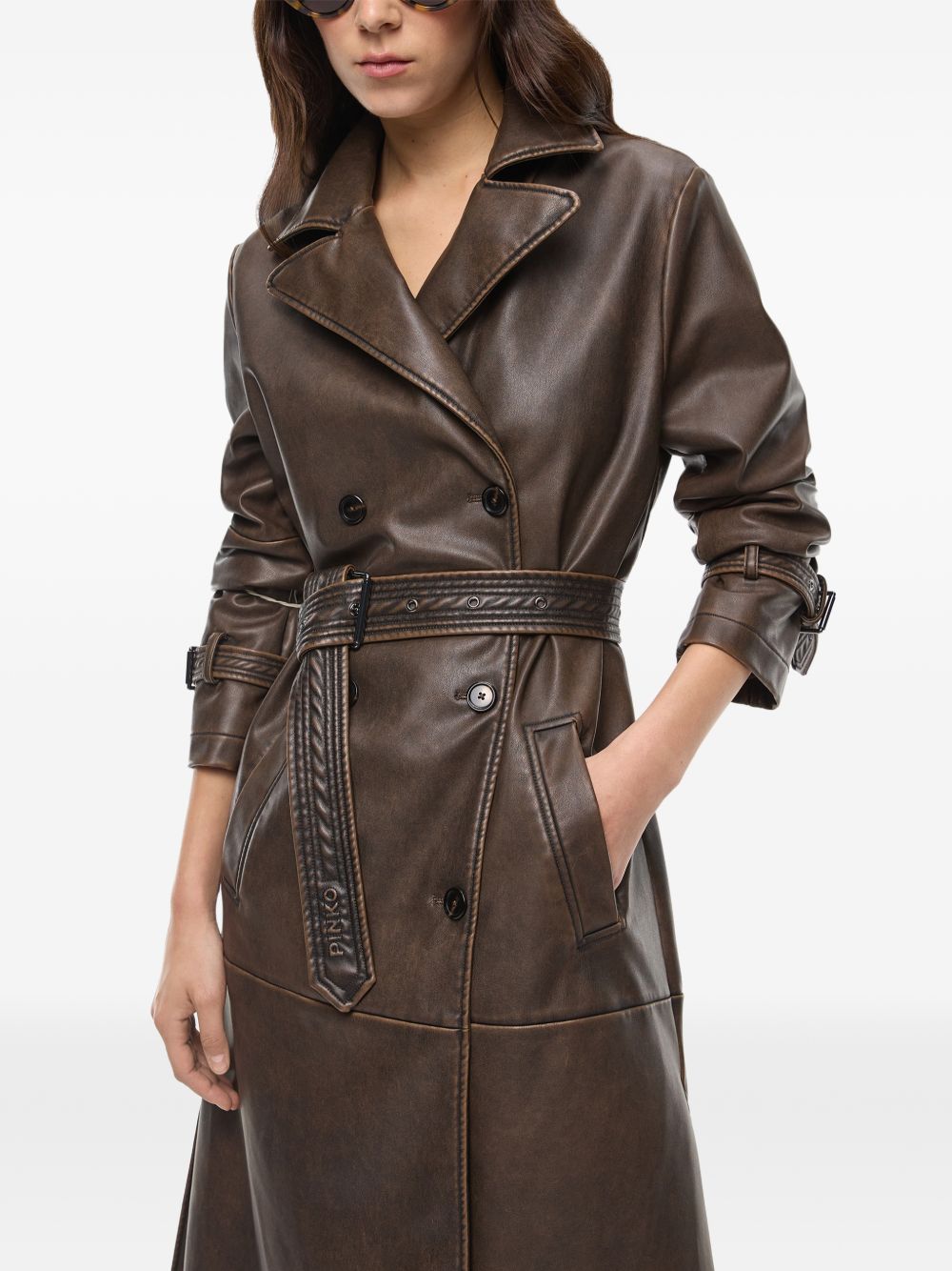 PINKO Trench in ecopelle marrone Tamerice con cintura in vita 