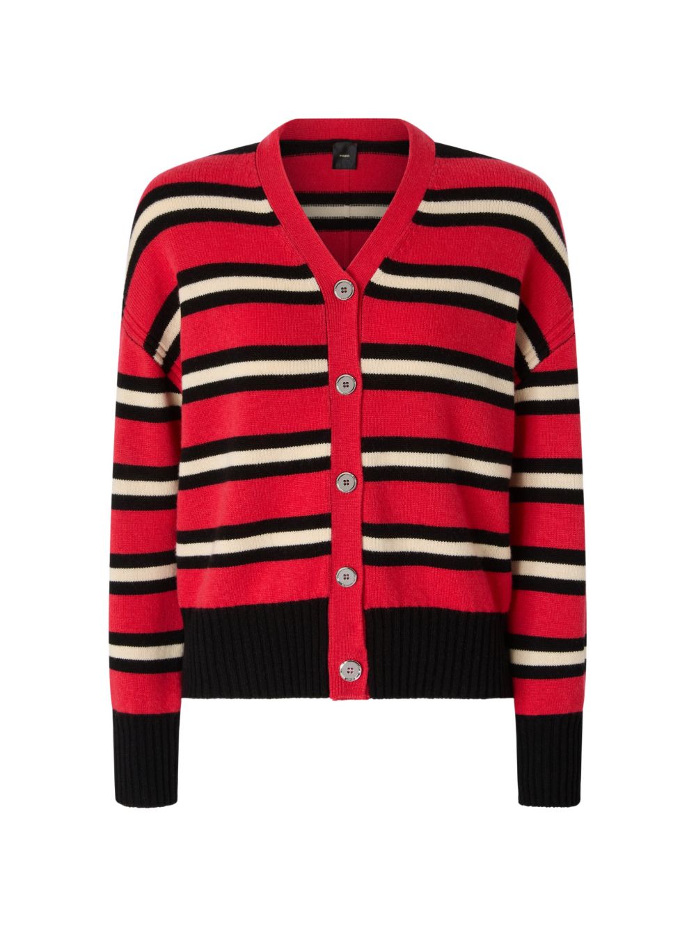 PINKO Cardigan in lana Vienna a righe rosse, nere e bianche con scollo a V 