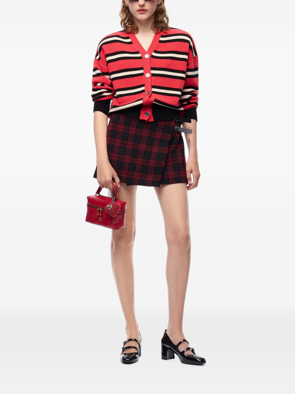 PINKO Cardigan in lana Vienna a righe rosse, nere e bianche con scollo a V 