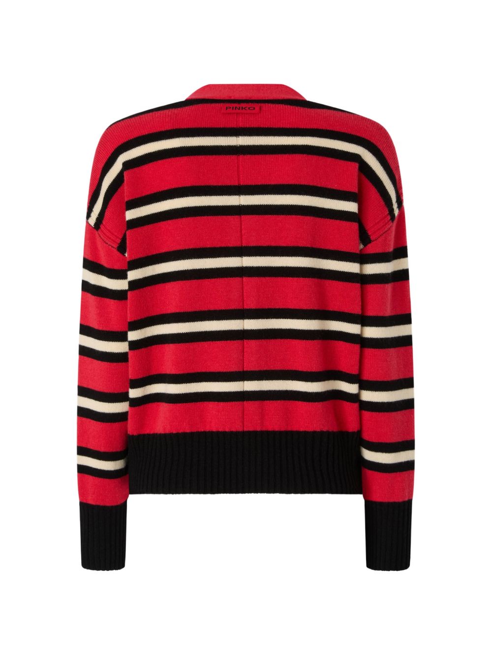 PINKO Cardigan in lana Vienna a righe rosse, nere e bianche con scollo a V 