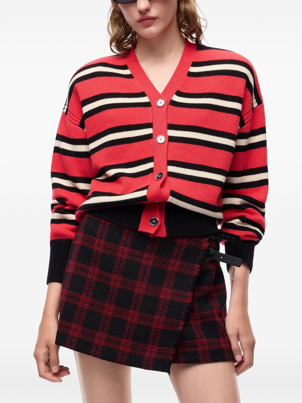 PINKO Cardigan in lana Vienna a righe rosse, nere e bianche con scollo a V 