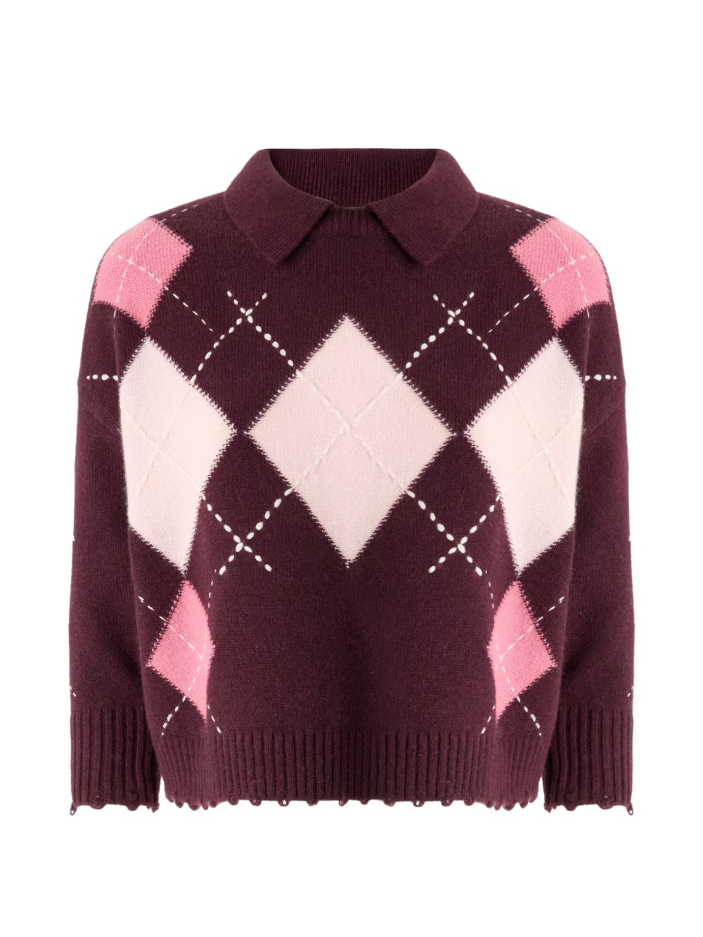 PINKO Maglia corta in lana Cork bordeaux a rombi rosa 