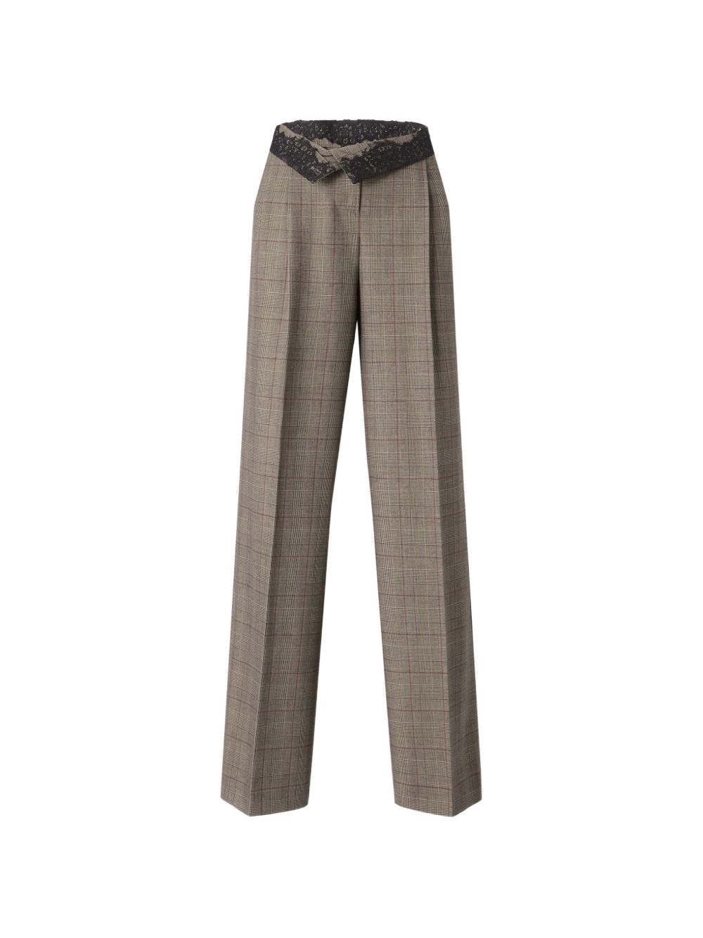 PINKO Pantaloni eleganti marroni in tartan con ricami in pizzo all'interno 