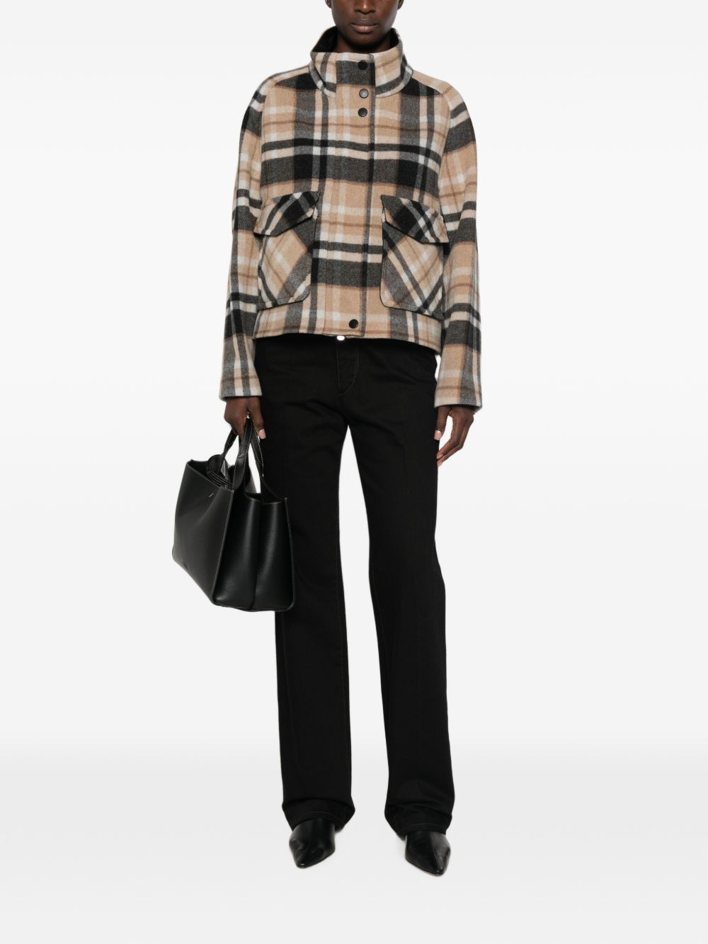 PINKO Cappotto corto Campanula in tartan beige e antracite 