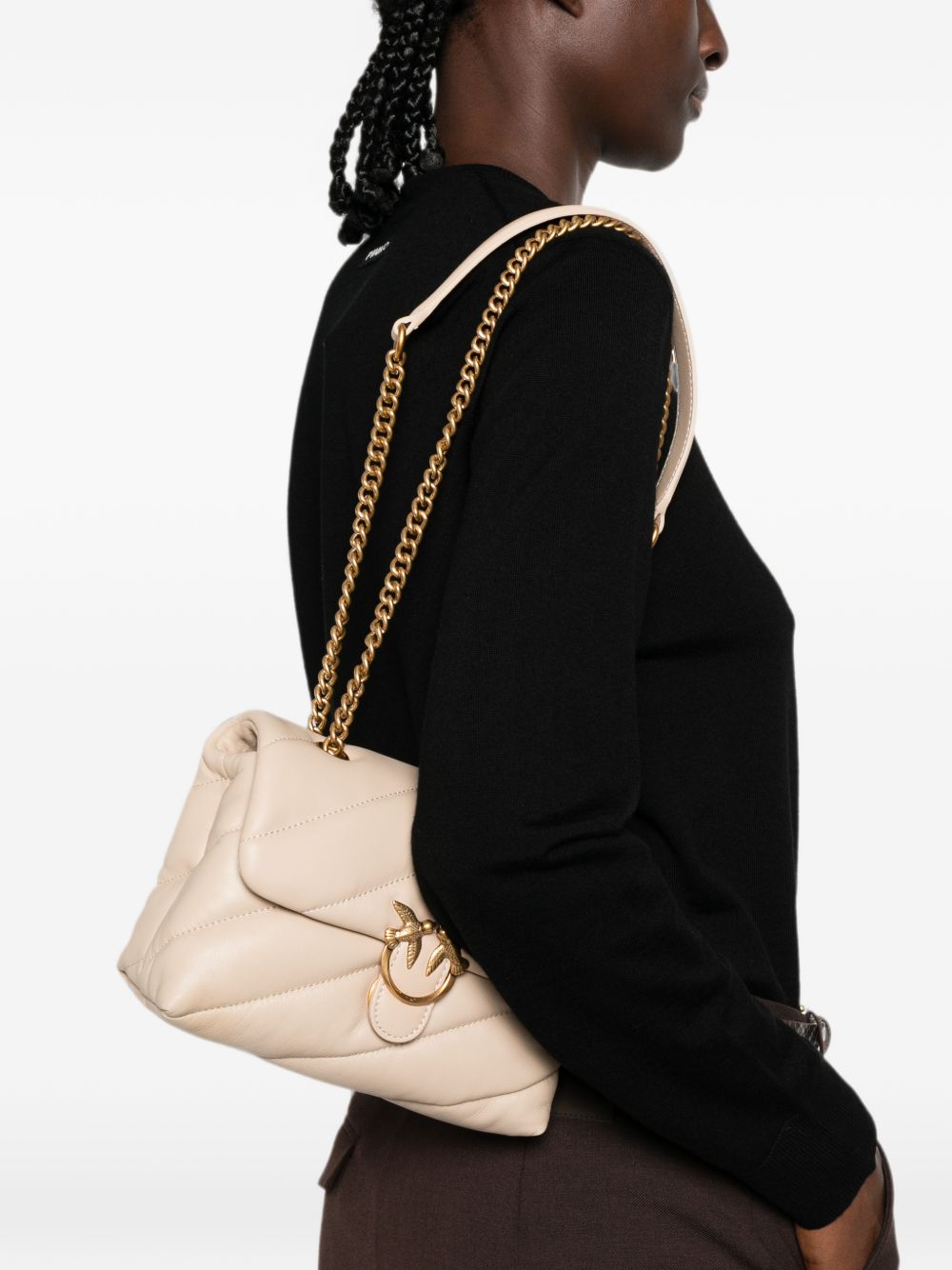 PINKO Borsa beige chiaro Love Puff Mini trapuntata con fibbia dorata 