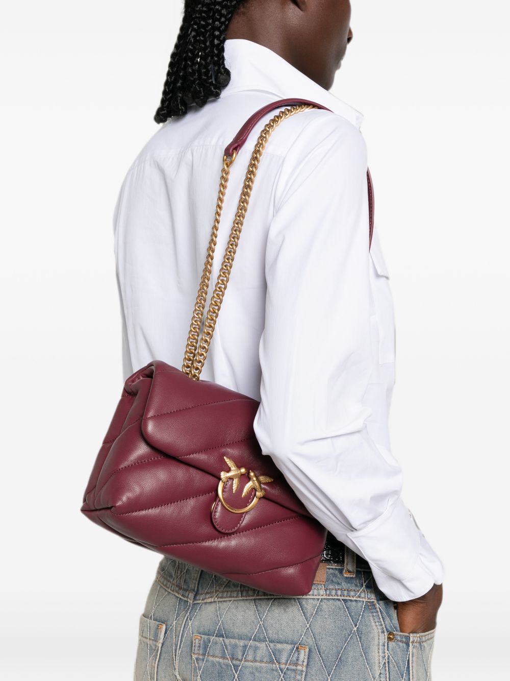 PINKO Borsa rosso vinaccia Love Puff Mini trapuntata con fibbia dorata 