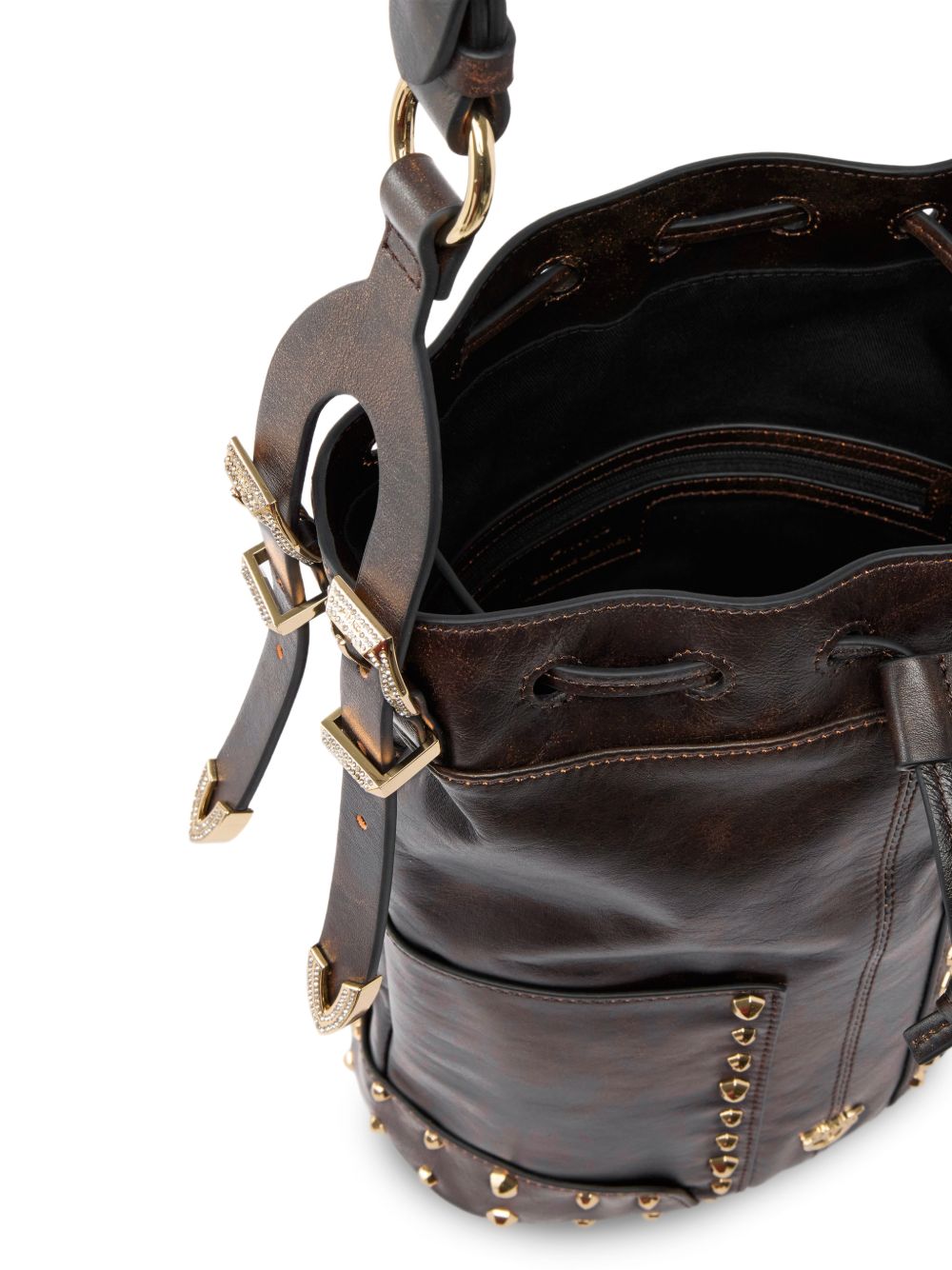 PINKO Borsa a secchiello Bucket Mini in pelle con borchie dorate 