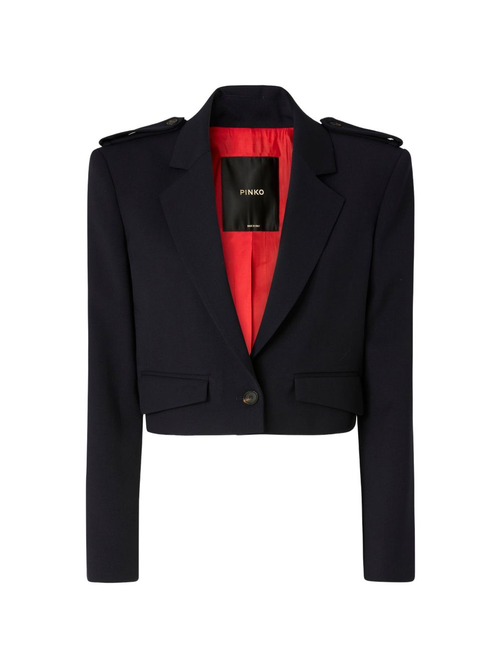 PINKO Giacca blu corta in vita con scollo a V e fodera rossa 