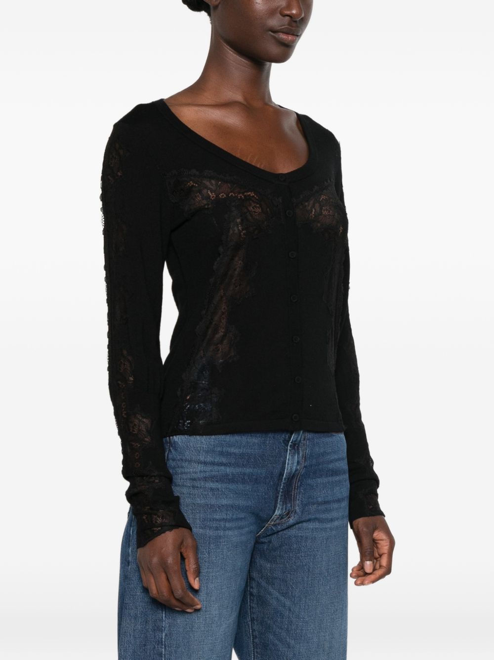 PINKO Cardigan nero Urlo in lana con pizzo e scollo a barca 