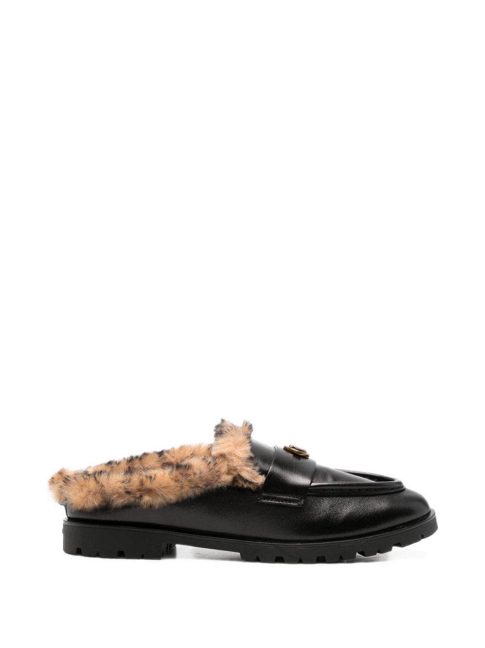 PINKO Sabot neri in pelle Nora con fur animalier 