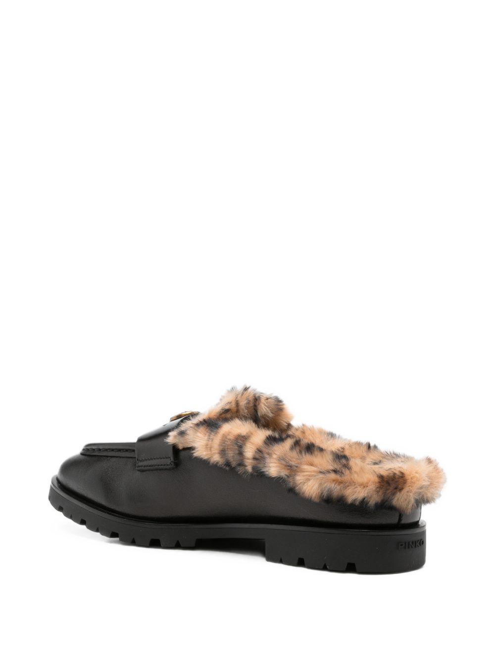 PINKO Sabot neri in pelle Nora con fur animalier 