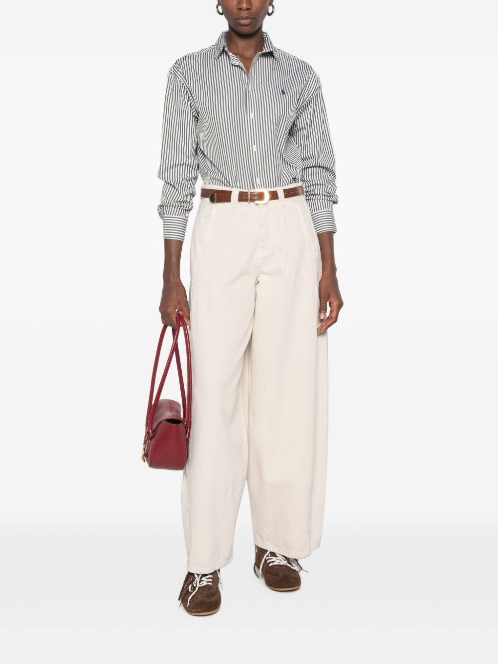 POLO RALPH LAUREN Camicia blusa a righe verdi con logo ricamato sul petto 
