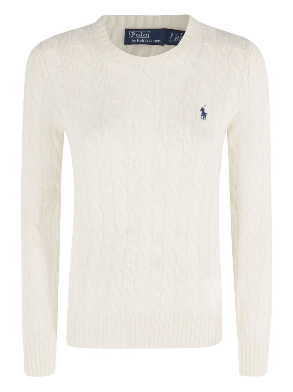 POLO RALPH LAUREN Maglia girocollo panna a trecce con logo blu a contrasto 
