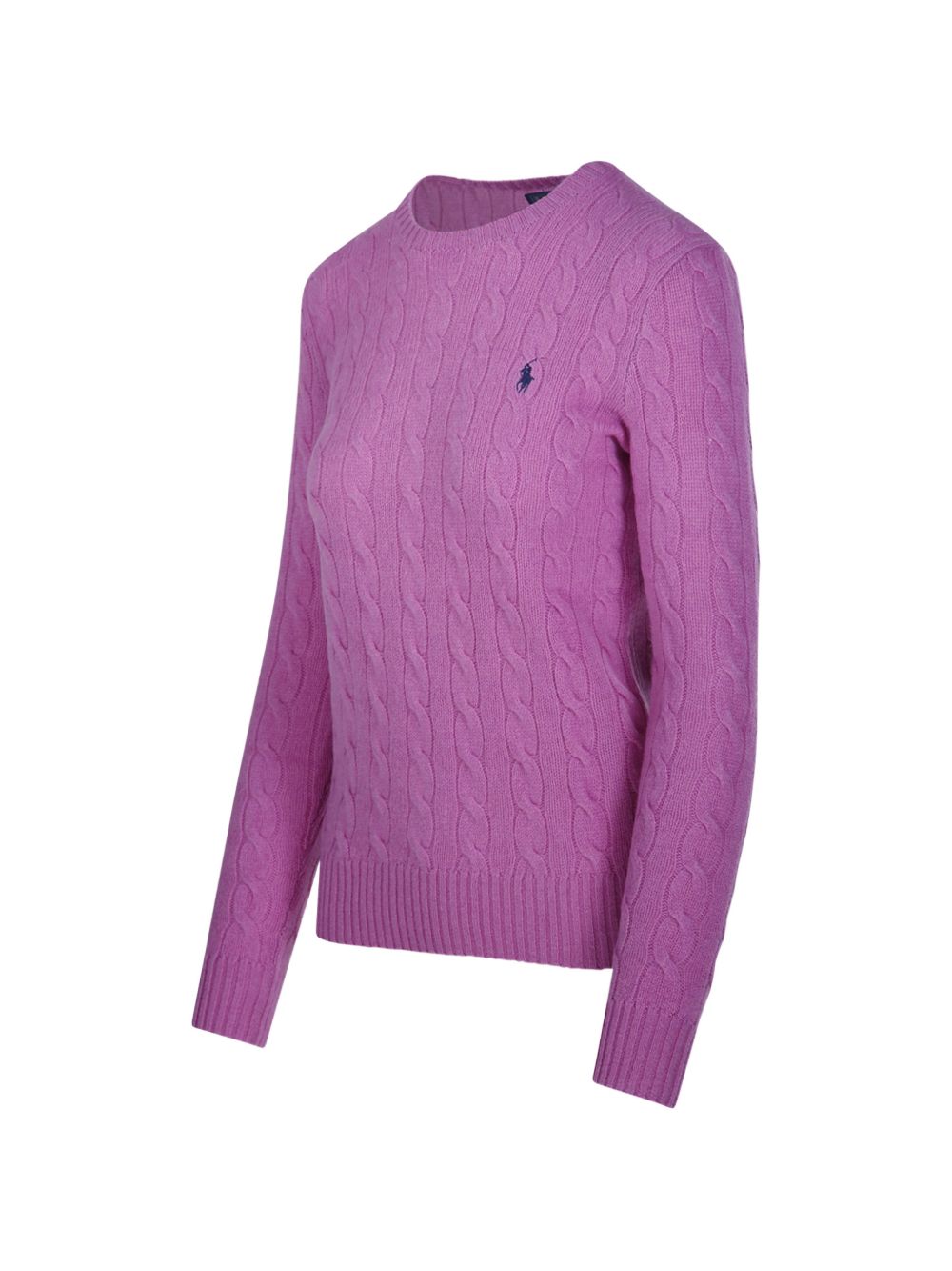 POLO RALPH LAUREN Maglia in lana viola girocollo con trama a trecce e logo ricamato 