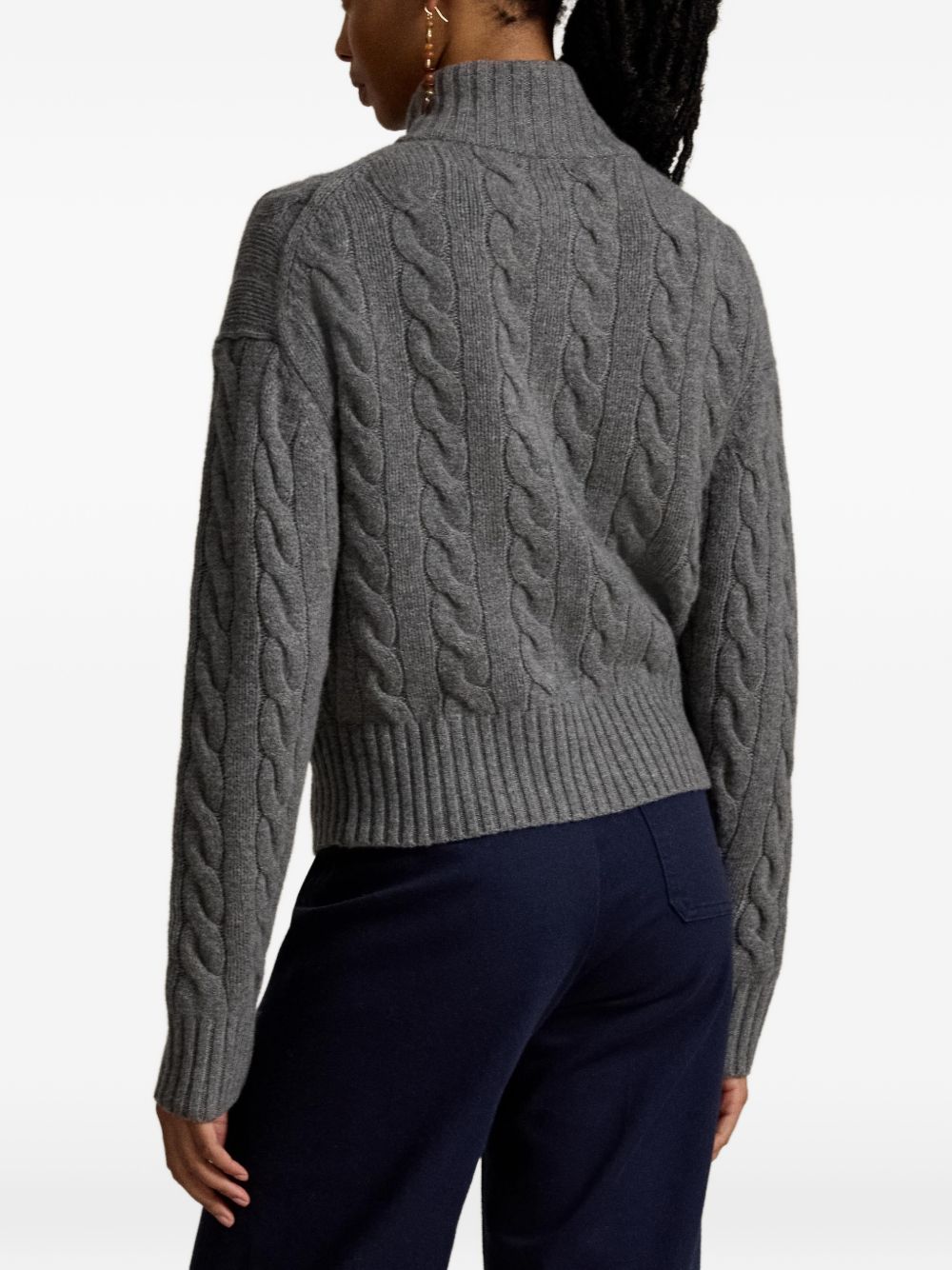 POLO RALPH LAUREN Cardigan corto grigio con zip e collo alto a trecce 