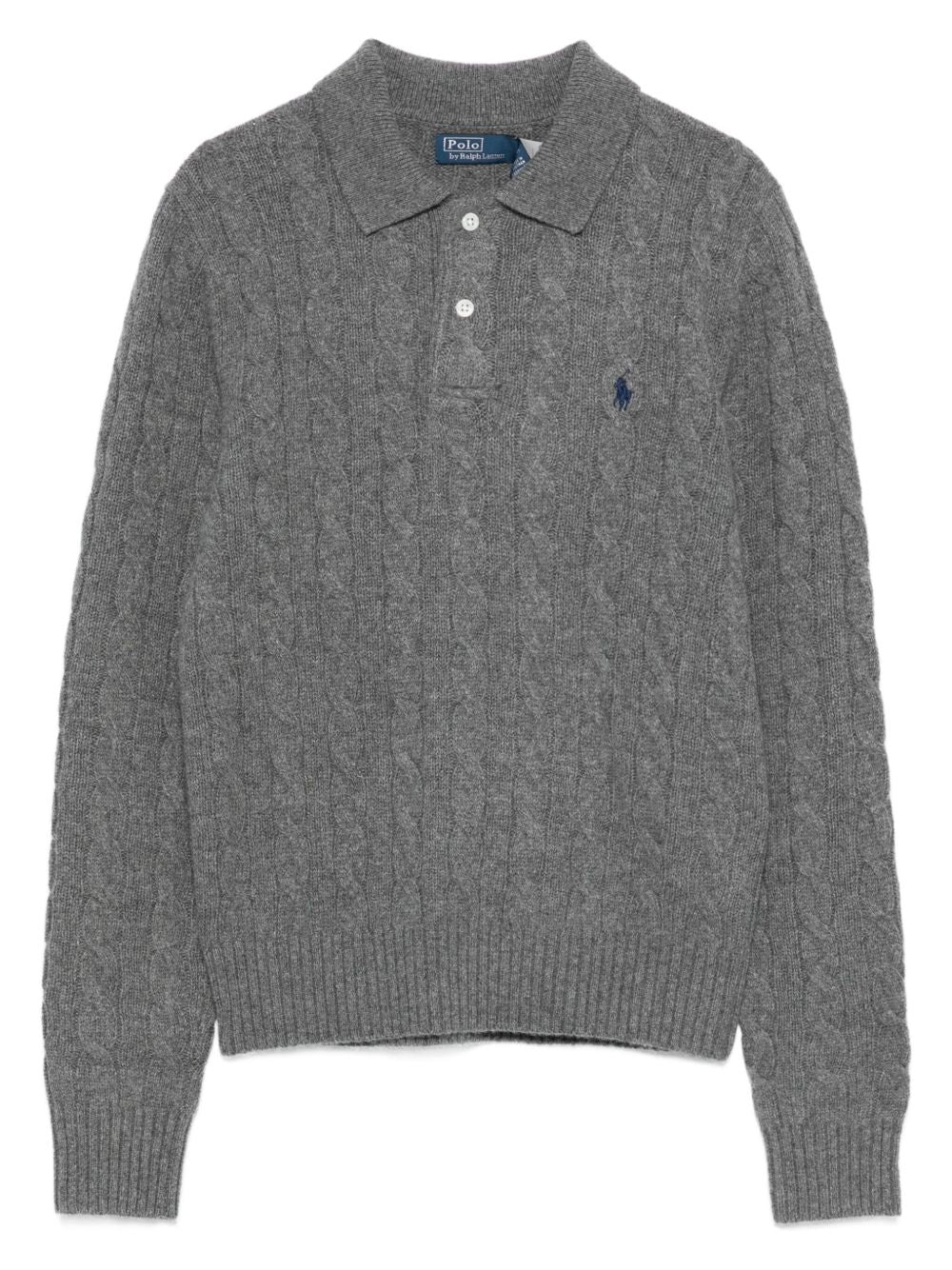 POLO RALPH LAUREN Maglia in lana grigia con colletto e trama a trecce 
