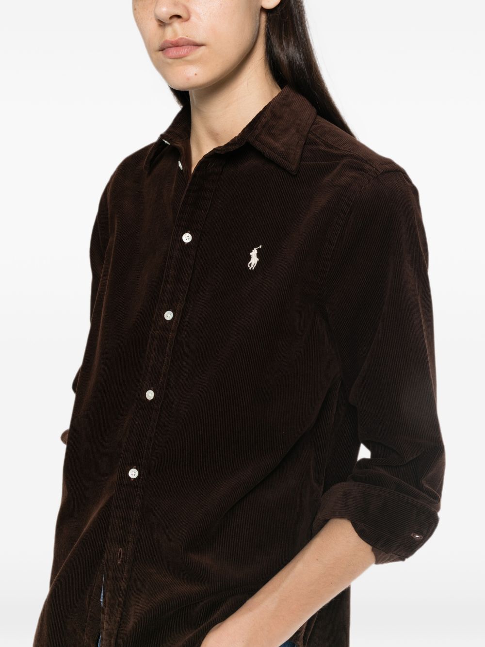 POLO RALPH LAUREN Camicia marrone in velluto con logo ricamato sul petto 