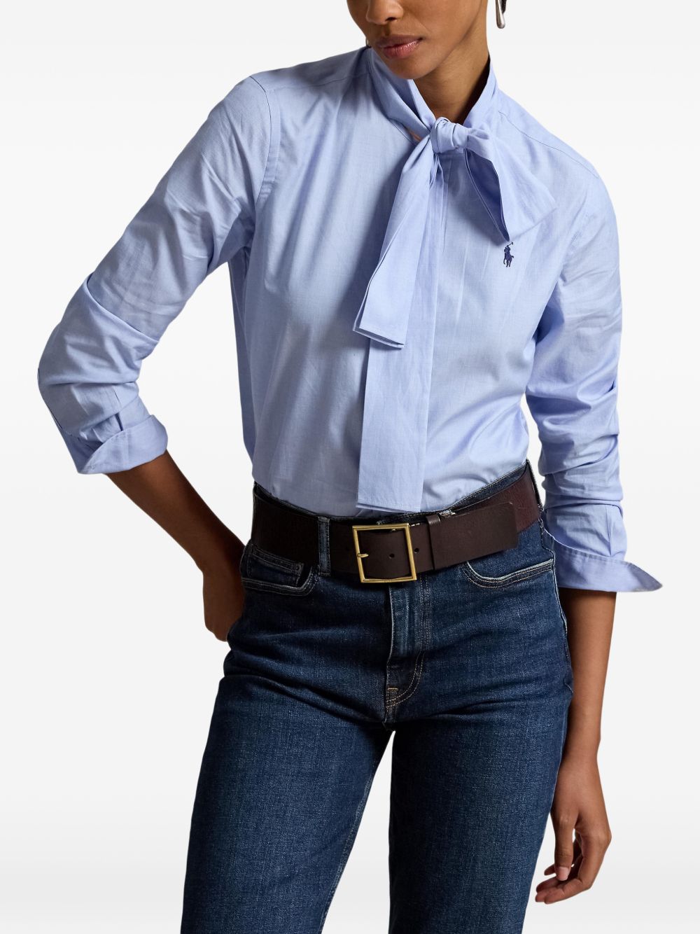 POLO RALPH LAUREN Camicia azzurra con cravattino integrato e logo ricamato 