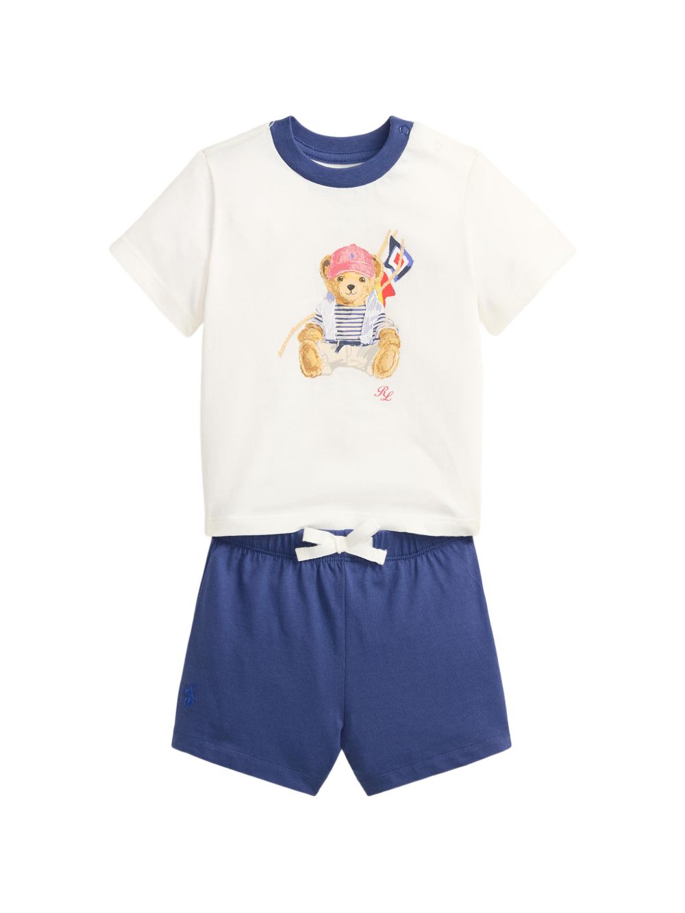 POLO RALPH LAUREN Set baby bianco e blu con T-shirt e short in cotone 