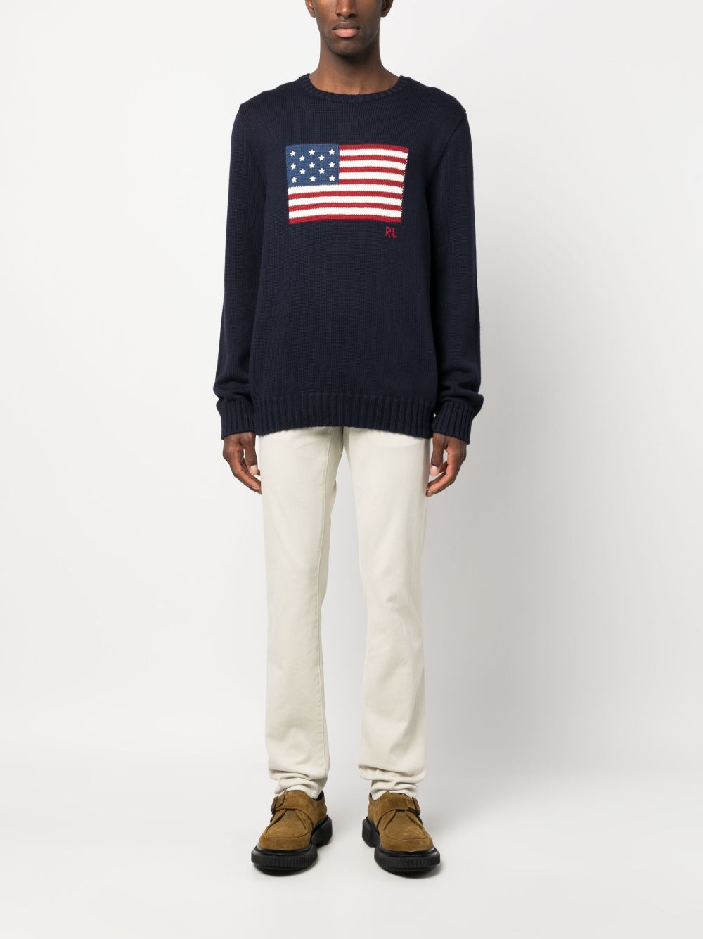 POLO RALPH LAUREN Maglia girocollo blu con American Flag ricamata sul petto 