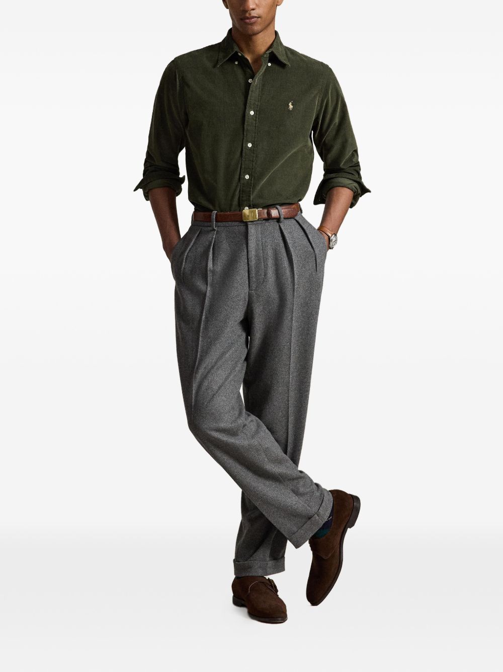 POLO RALPH LAUREN Camicia verde scuro in velluto con logo 