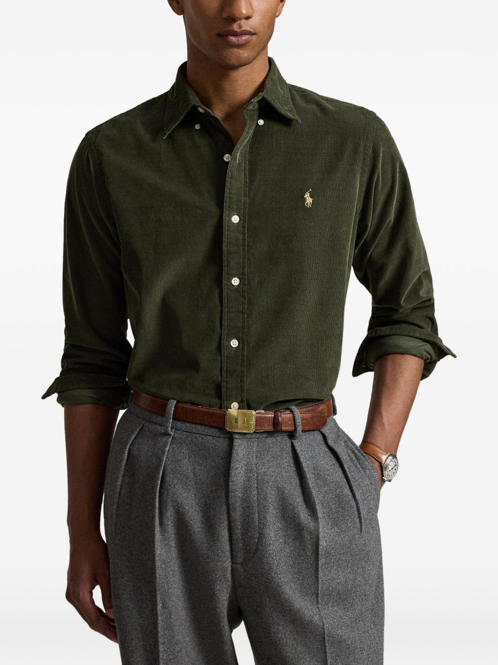 POLO RALPH LAUREN Camicia verde scuro in velluto con logo 
