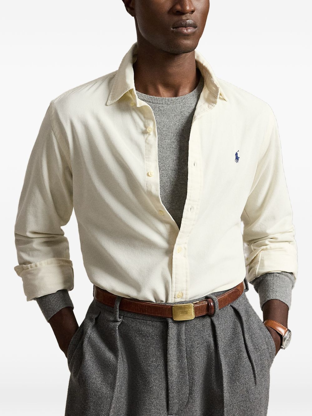 POLO RALPH LAUREN Camicia crema in velluto con logo ricamato 