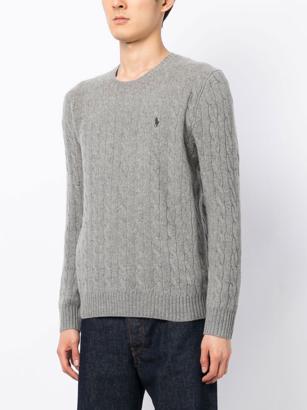 POLO RALPH LAUREN Maglia girocollo in cotone grigio chiaro con texture intrecciata 