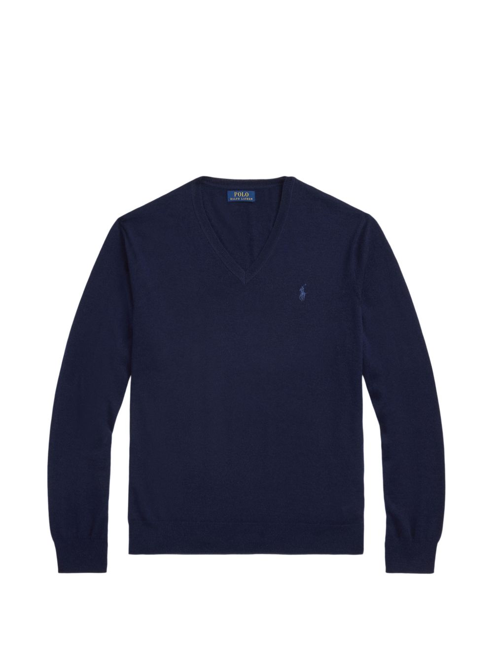 POLO RALPH LAUREN Maglia in lana blu con scollo a V e logo ricamato sul petto 