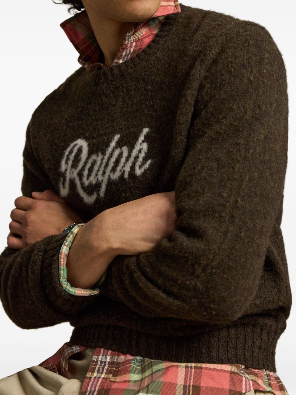 POLO RALPH LAUREN Maglia girocollo in lana misto cashmere marrone con logo Jacquard 