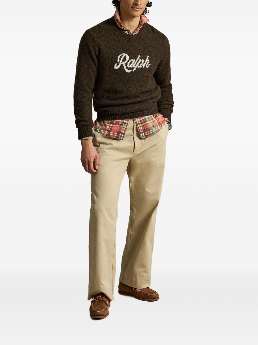 POLO RALPH LAUREN Maglia girocollo in lana misto cashmere marrone con logo Jacquard 
