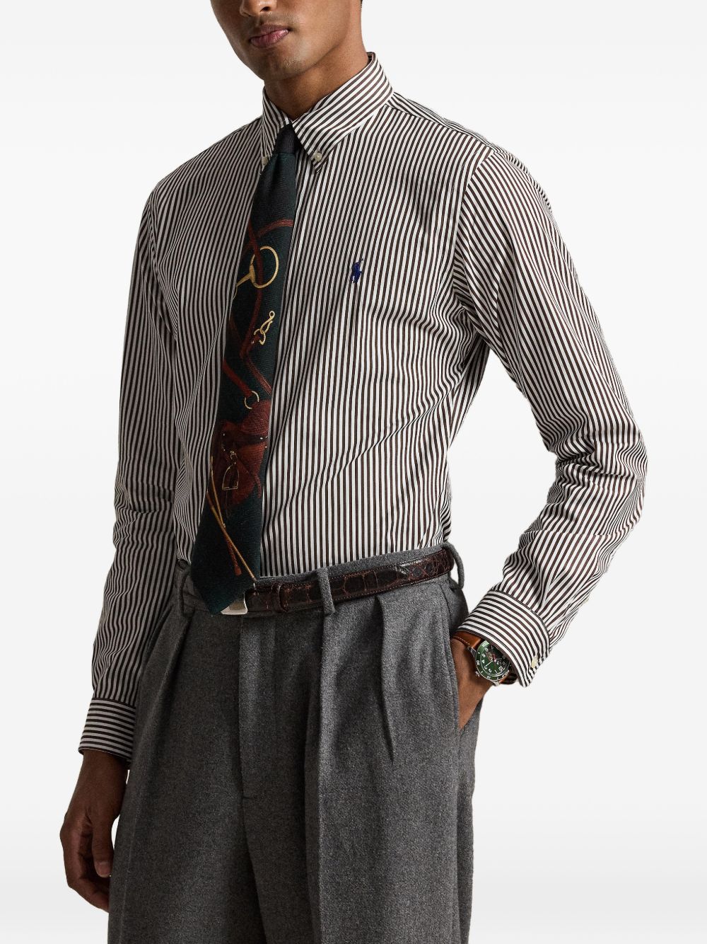 POLO RALPH LAUREN Camicia a righe marroni con logo ricamato sul petto 