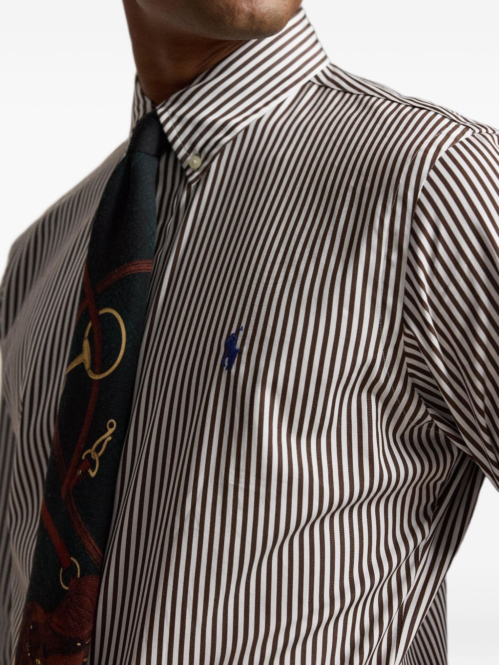 POLO RALPH LAUREN Camicia a righe marroni con logo ricamato sul petto 