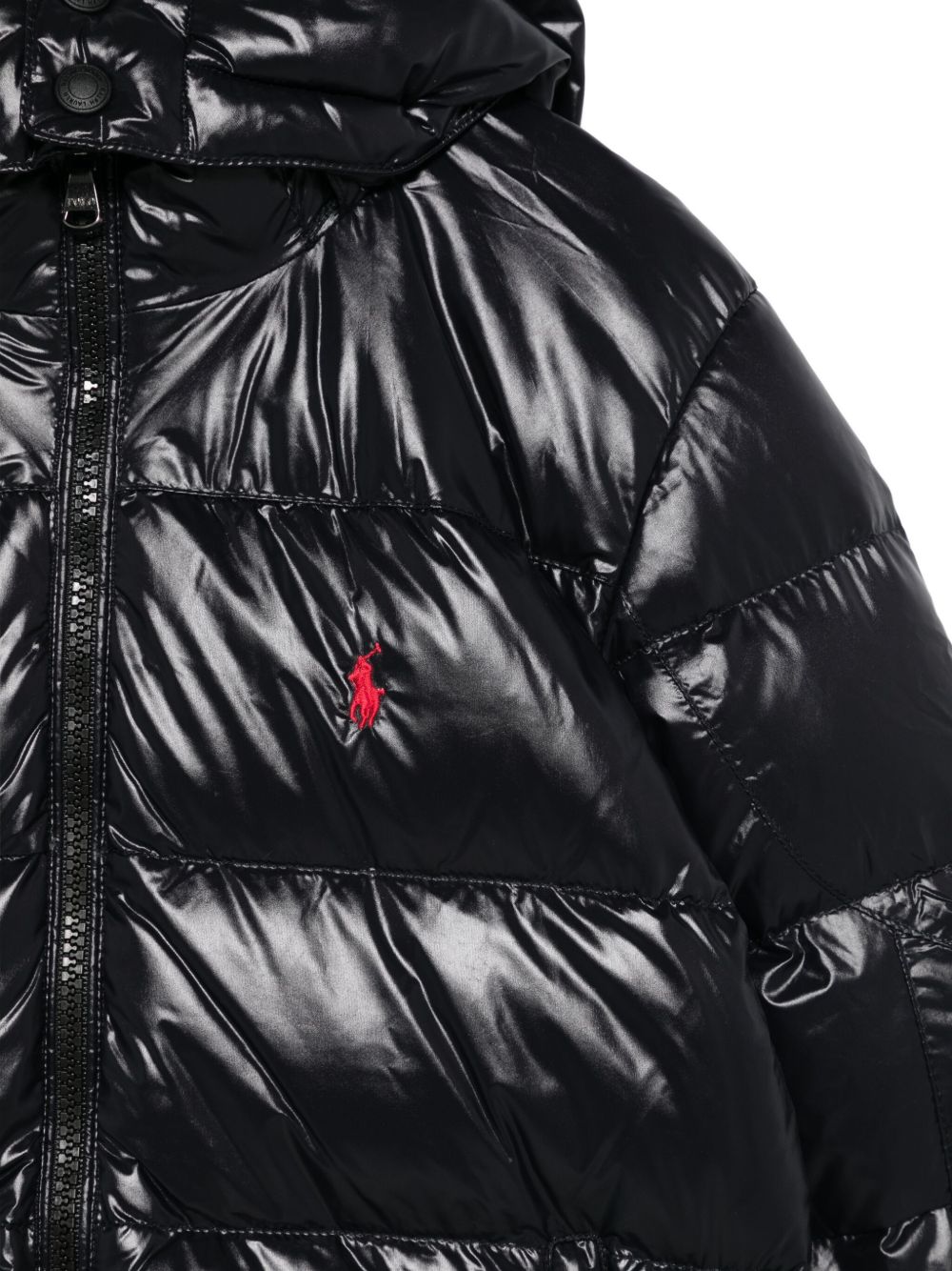 POLO RALPH LAUREN Piumino corto nero lucido con cappuccio 