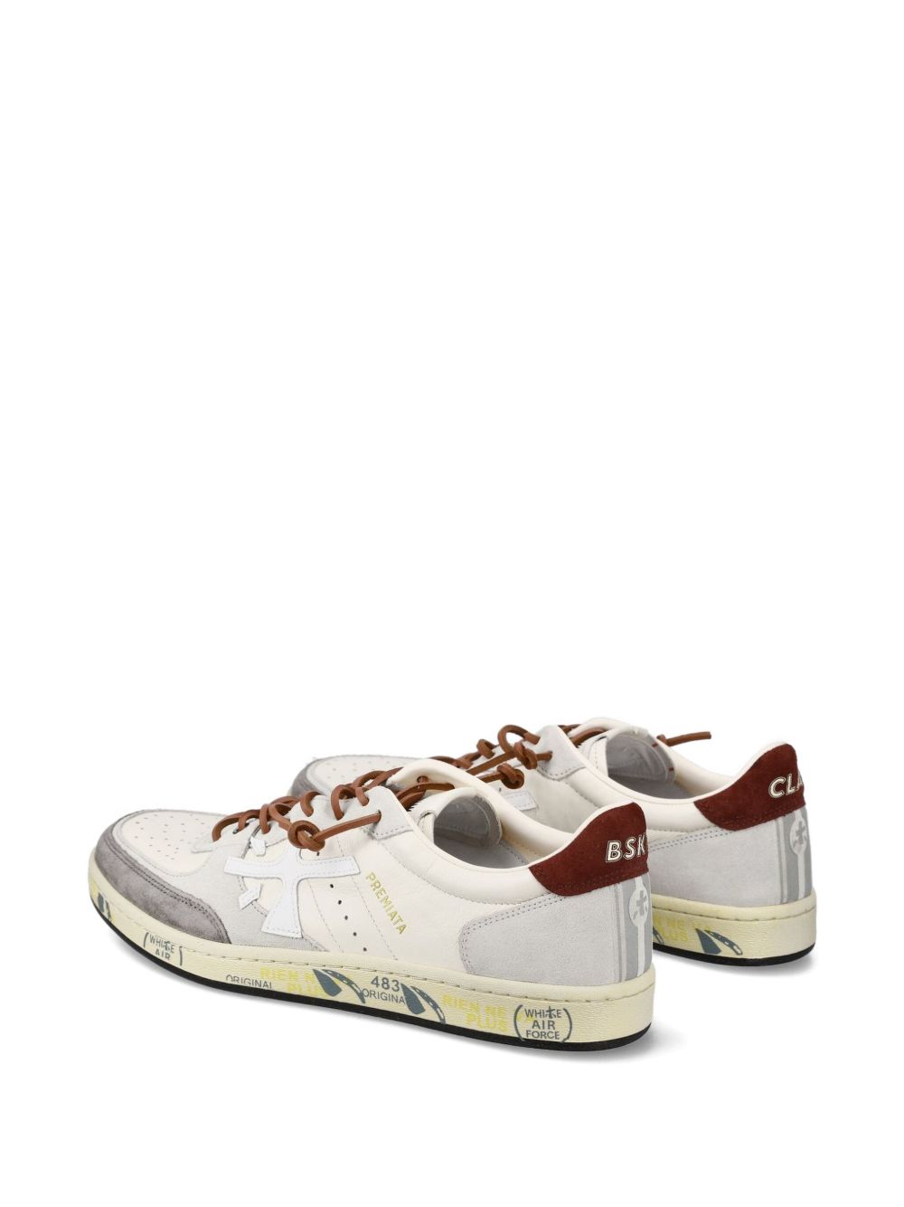 PREMIATA Sneakers bianche in pelle con dettagli rossi e inserti in suede grigio 