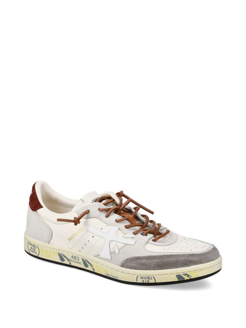 PREMIATA Sneakers bianche in pelle con dettagli rossi e inserti in suede grigio 