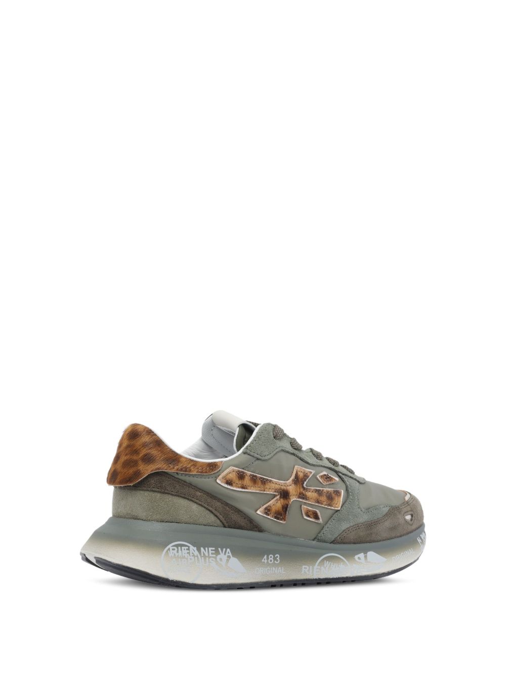 PREMIATA Sneakers in Tessuto e Suede Verde Salvia e Oliva con Dettagli Animalier 