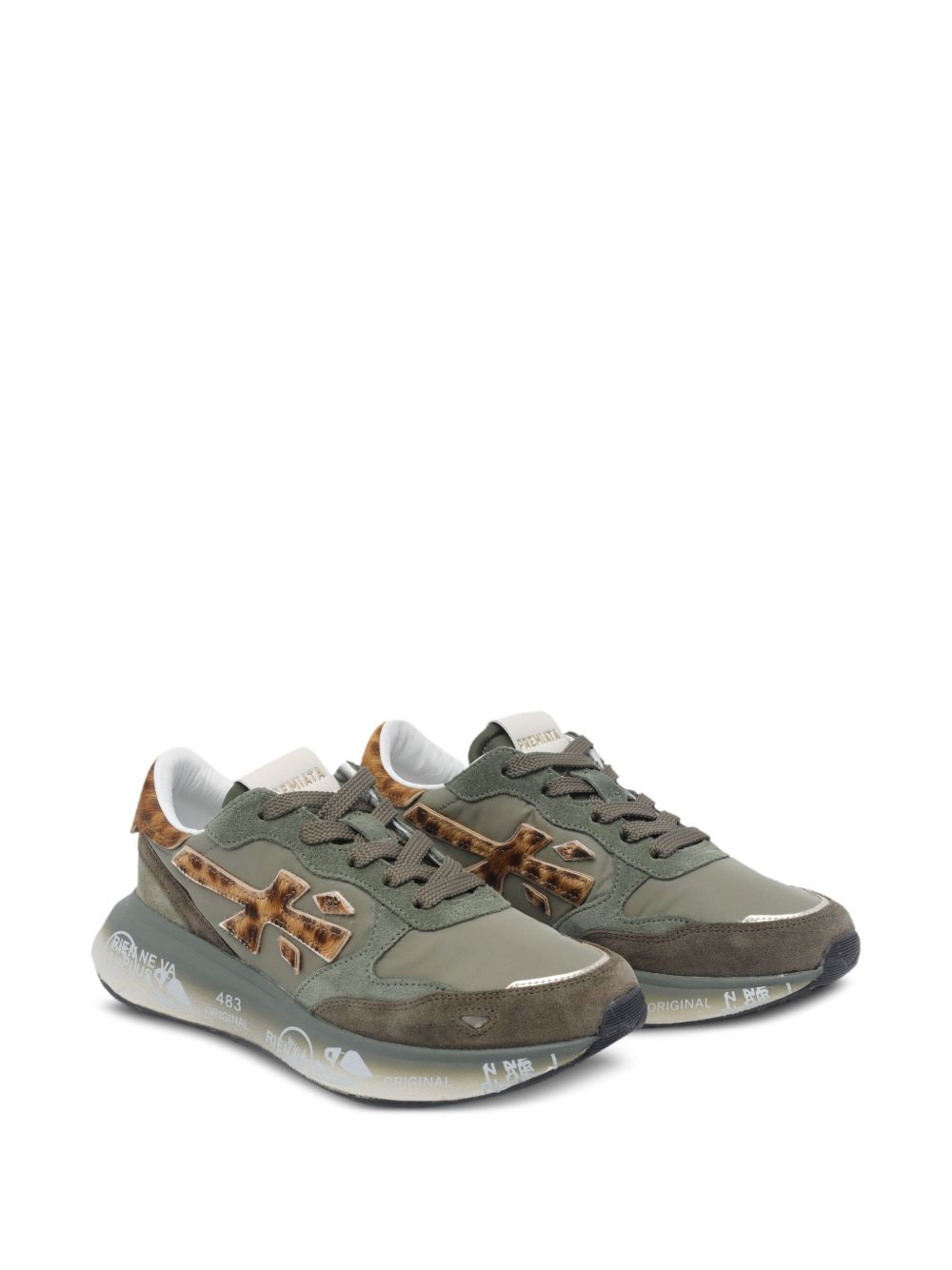 PREMIATA Sneakers in Tessuto e Suede Verde Salvia e Oliva con Dettagli Animalier 