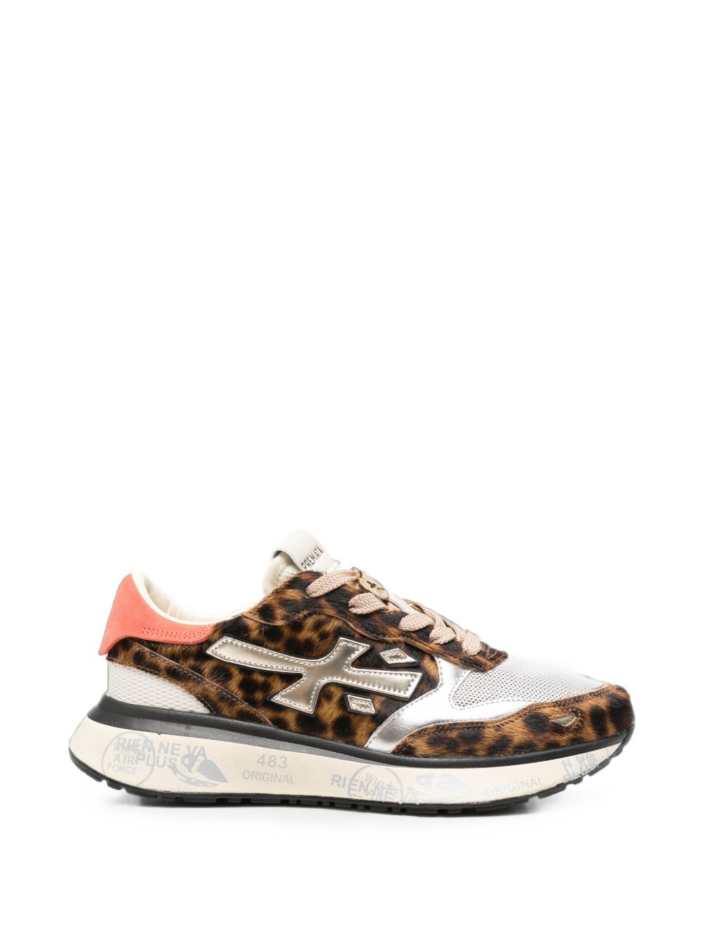 PREMIATA Sneakers in Cavallino, Pelle e Mesh Marrone, Panna e Rosa con Dettaglio Gioiello 