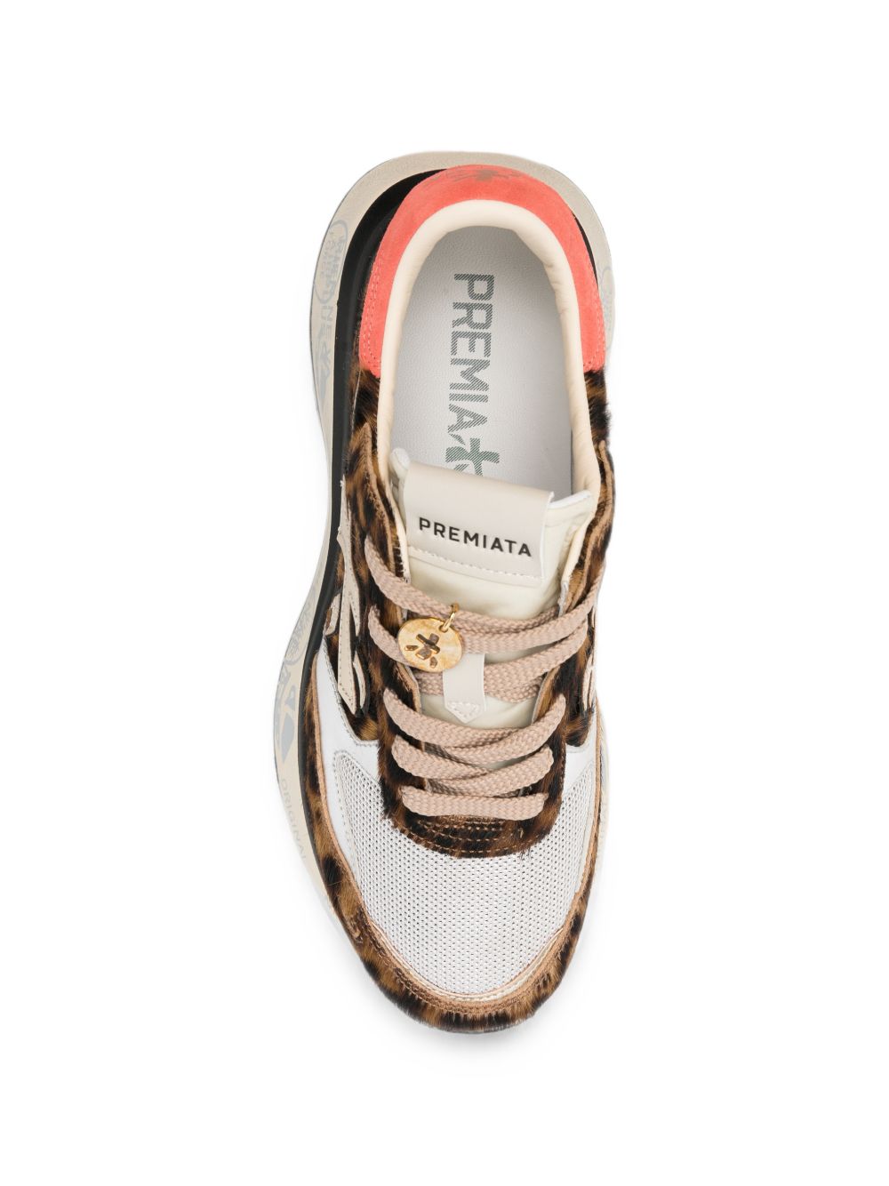 PREMIATA Sneakers in Cavallino, Pelle e Mesh Marrone, Panna e Rosa con Dettaglio Gioiello 