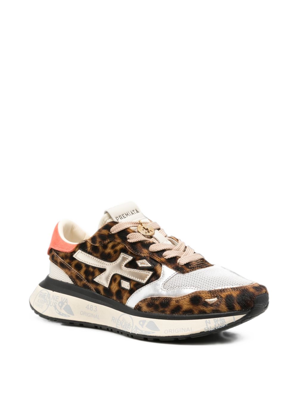 PREMIATA Sneakers in Cavallino, Pelle e Mesh Marrone, Panna e Rosa con Dettaglio Gioiello 