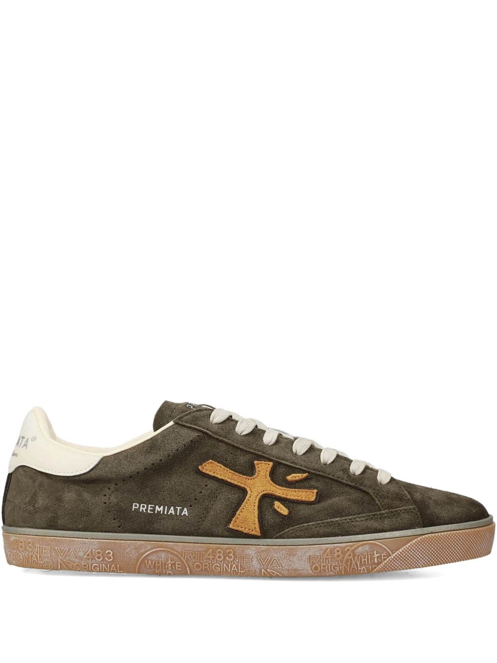 PREMIATA Sneakers Steven verde militare con logo arancione 