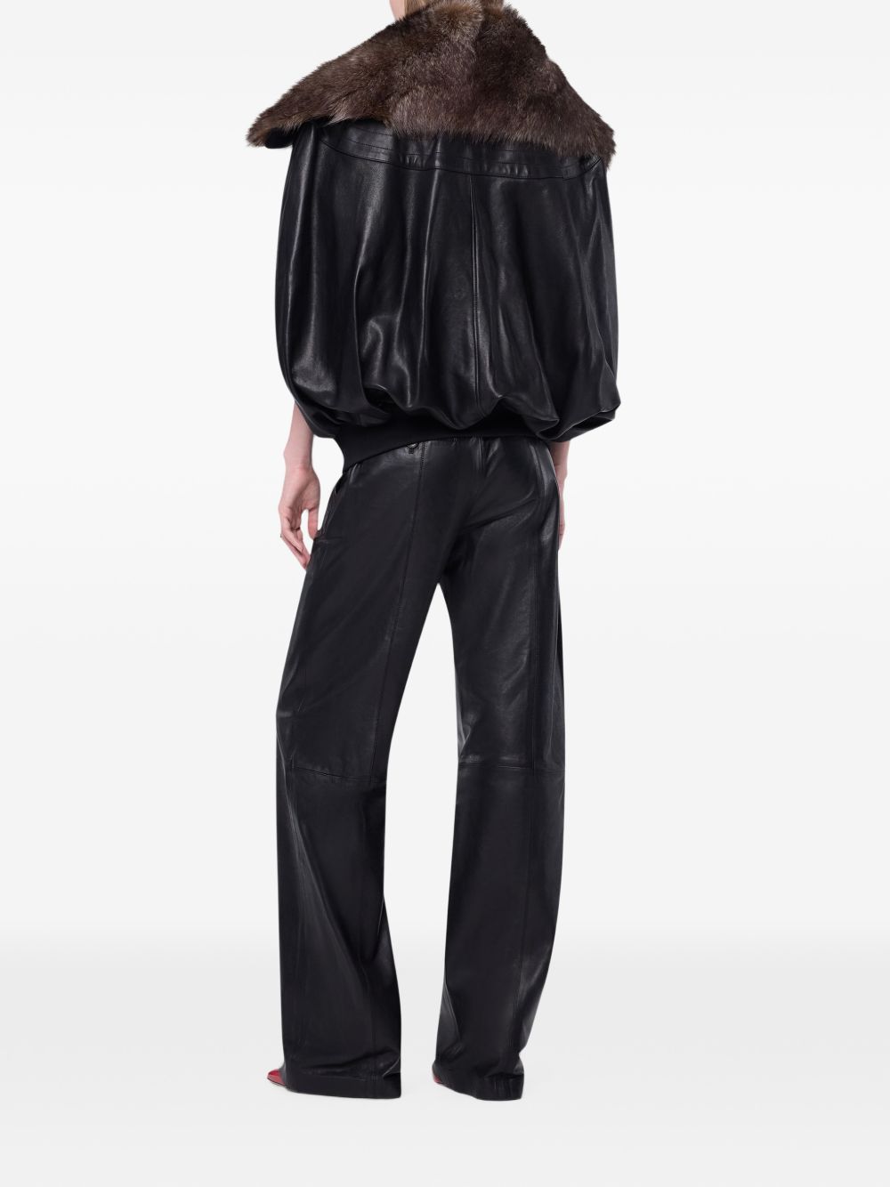 RABANNE Giacca Mantella in Pelle d'Agnello Nera con Collo Removibile in Shearling 
