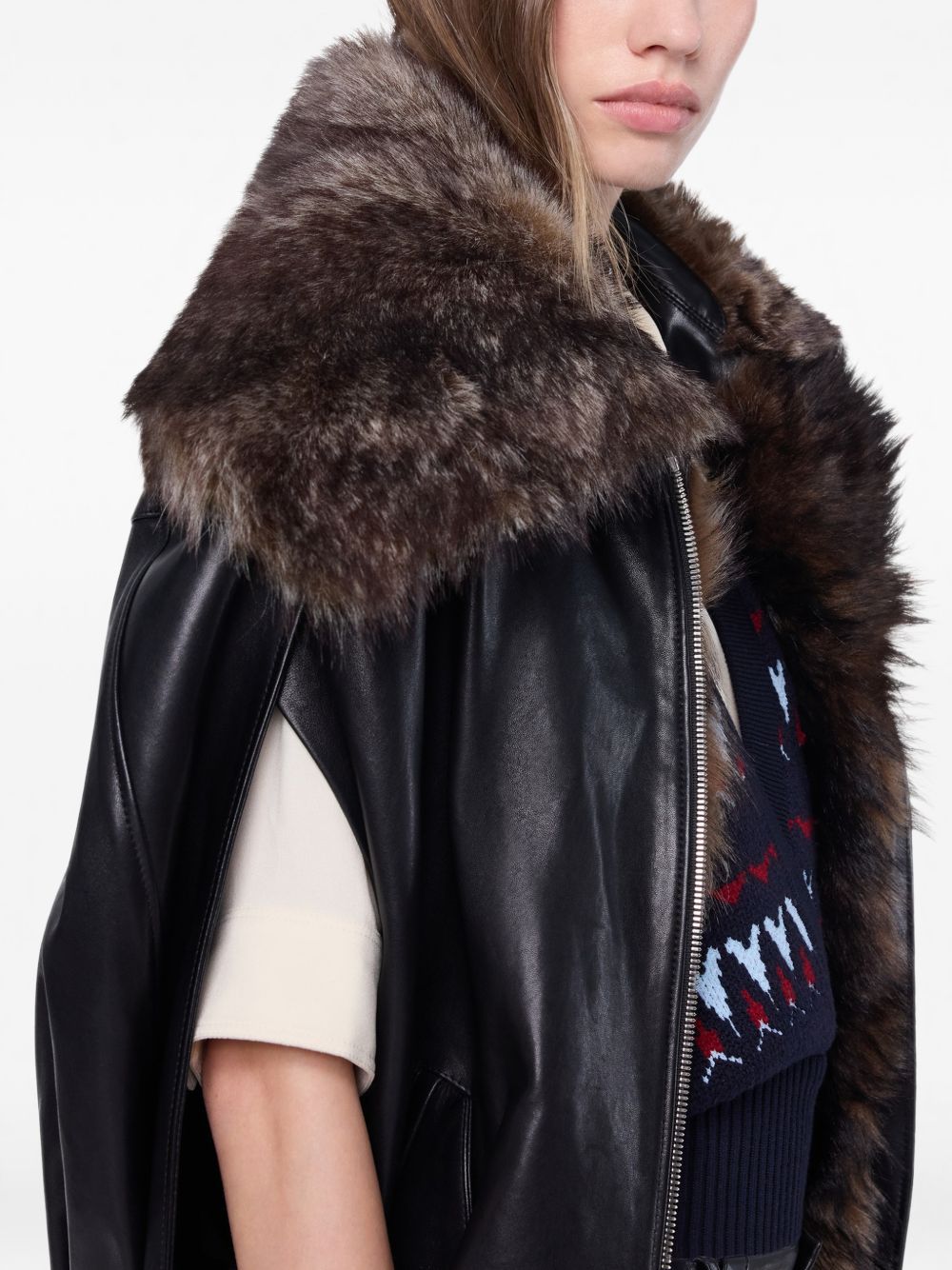 RABANNE Giacca Mantella in Pelle d'Agnello Nera con Collo Removibile in Shearling 