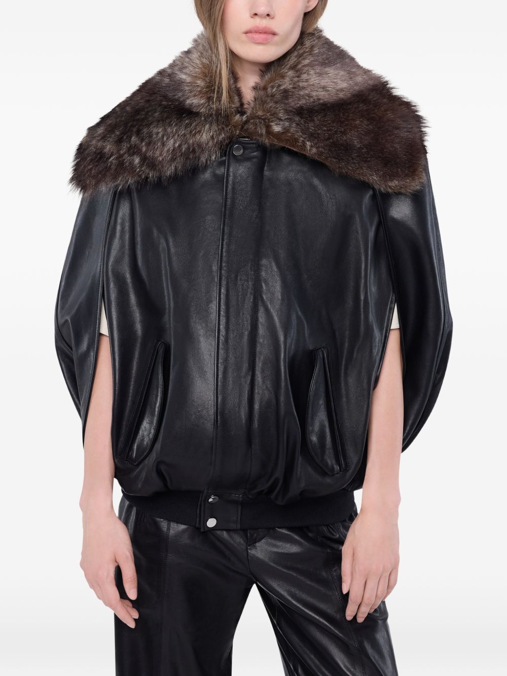 RABANNE Giacca Mantella in Pelle d'Agnello Nera con Collo Removibile in Shearling 
