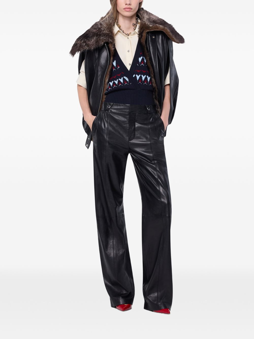 RABANNE Giacca Mantella in Pelle d'Agnello Nera con Collo Removibile in Shearling 