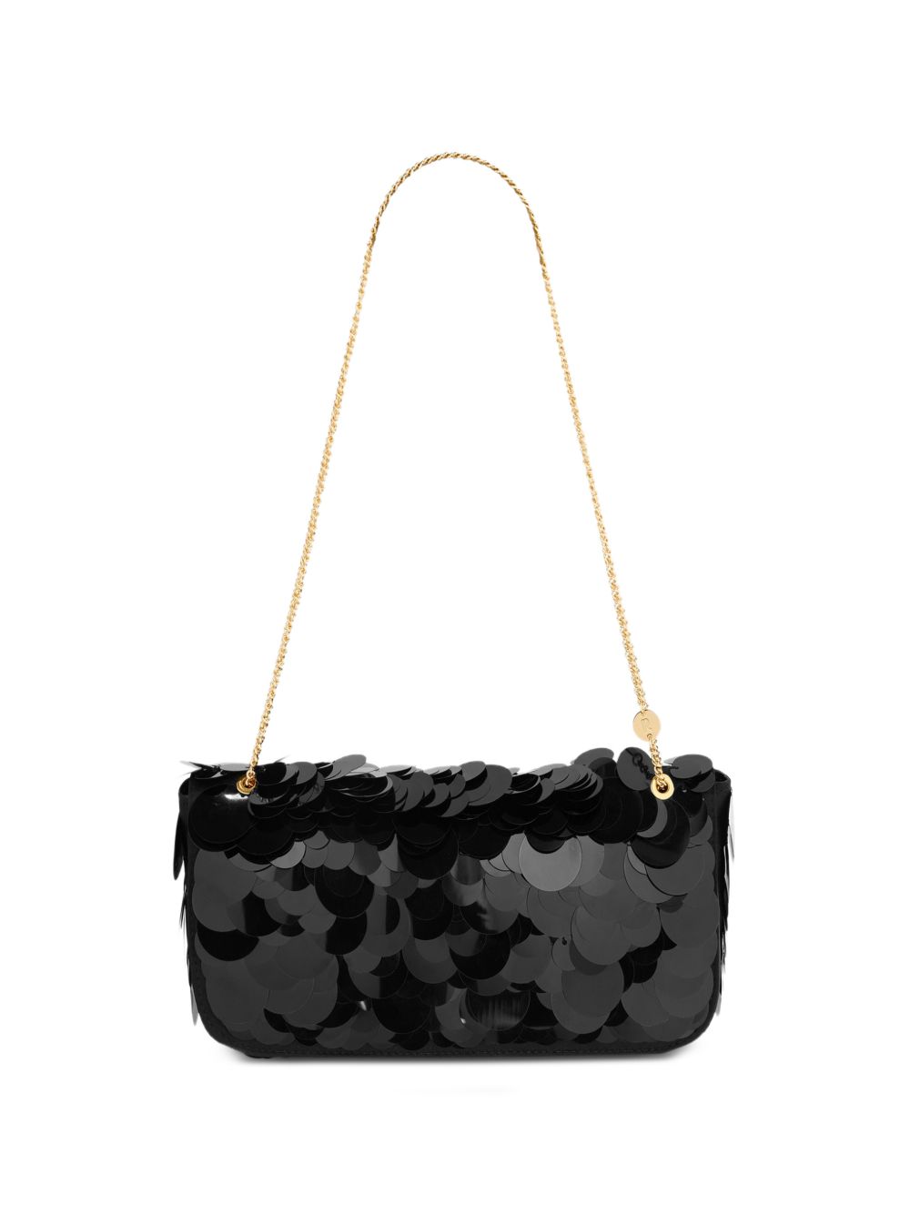 RABANNE Borsa Baguette Sparkle in Raso Nero con Ricami di Paillettes e Catena Regolabile 