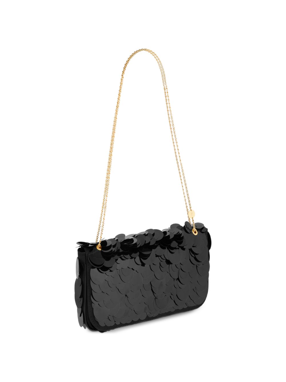 RABANNE Borsa Baguette Sparkle in Raso Nero con Ricami di Paillettes e Catena Regolabile 